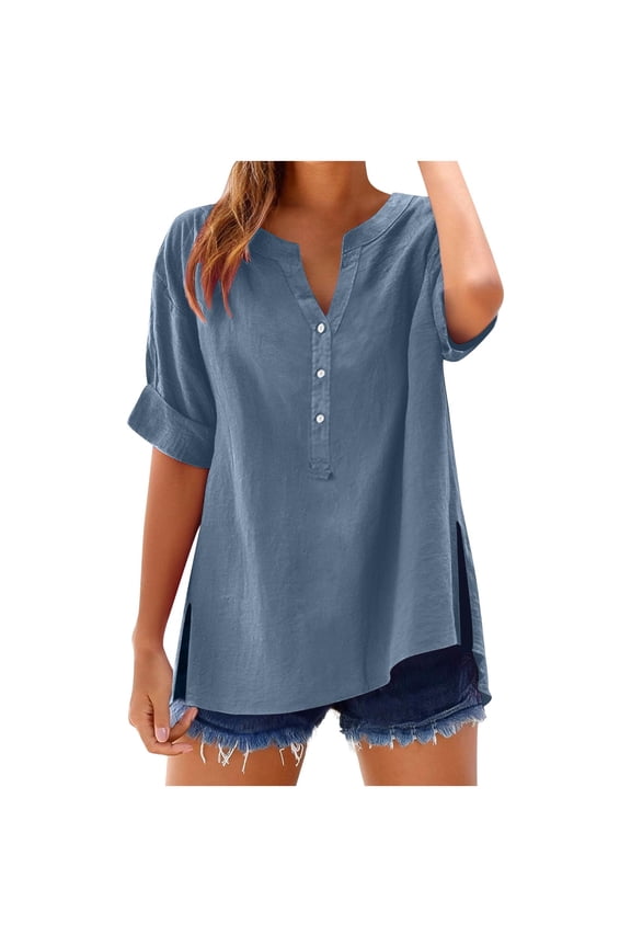 Women's Notch V Neck Short Sleeve Blouse Vibrant Fuchsia Tone Solid Button Side Slit Casual Top for Daily Wear Summer Vacation Light Blue XXXL