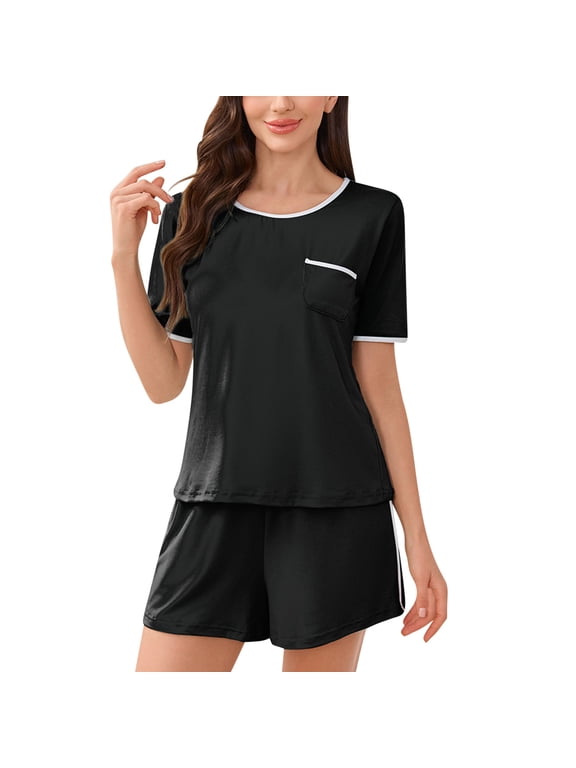 Women's Pajama Sets Summer Casual Sets Crew Neck Short Sleeve Top and Elastic Waist Shorts 2 Piece Lounge Nightwear Sets Black M