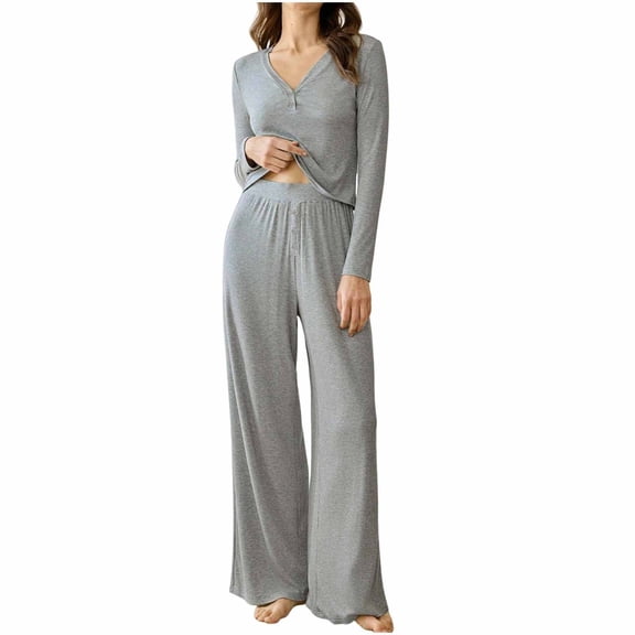 PRINxy Women's Pajama Sets Two Piece Loungewear Long Sleeve V Neck Top With Elastic Waist Wide Leg Pant Loose Fit Going Out Casual Sets Gray S
