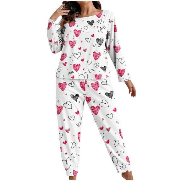 PRINxy Women's Plus Size Pajama Sets 2 Piece Long Sleeve Sleepwear Crewneck Top and Elastic Waist Pant Loose Loungewear Sets Heart Print Nightwear Set Hot Pink XL