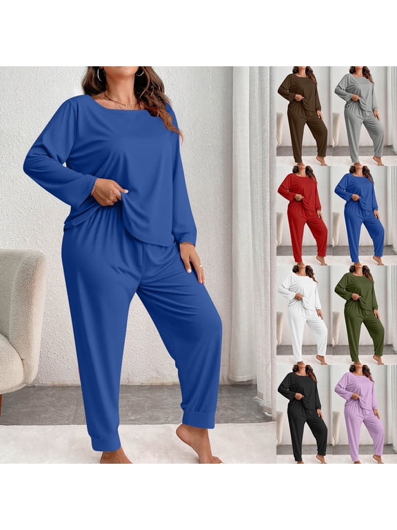 Women's Plus Size Pajama Sets 2 Piece Long Sleeve Sleepwear Crewneck Tops and Elastic Waist Joggers Lightweight Loose Loungewear Sets Hot Pink XL