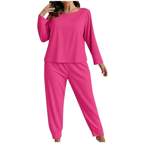 PRINxy Women's Plus Size Pajama Sets 2 Piece Long Sleeve Sleepwear Crewneck Tops and Elastic Waist Joggers Lightweight Loose Loungewear Sets Hot Pink XL