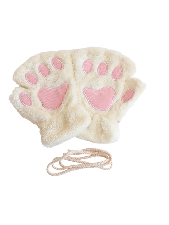 Women’s Plush Paw Print Convertible Mitten Gloves, Furry Lined Warm Accessory For Cold Weather Indoor Daily Use White