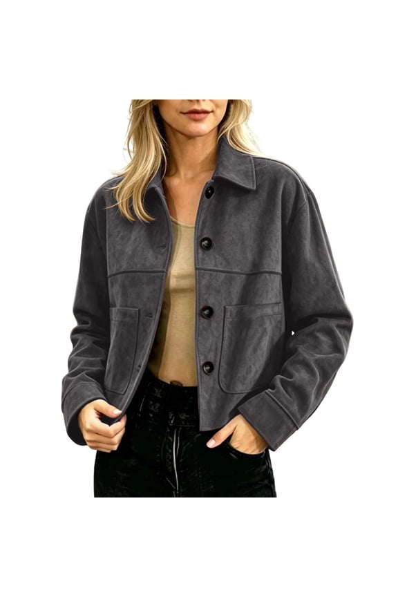 Women's Point Collar Button Front Cropped Jacket With Side Patch Pockets Relaxed Fit Casual Outerwear For Book Club Meeting Dark Gray XL