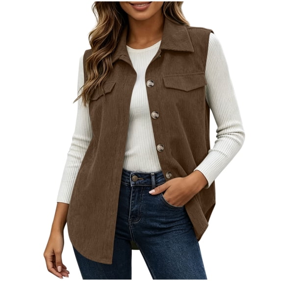 PRINxy Women's Point Collar Sleeveless Mid Length Casual Shirt Vest Jacket With Button Front Chest Pockets Outerwear For Brunch Date Brown XL