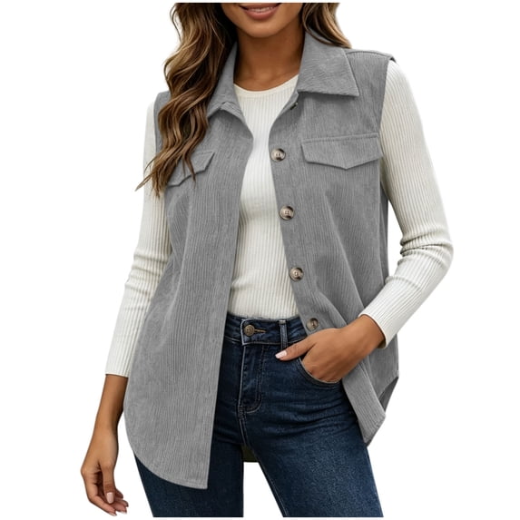 PRINxy Women's Point Collar Sleeveless Mid Length Casual Shirt Vest Jacket With Button Front Chest Pockets Outerwear For Brunch Date Gray L