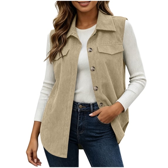 PRINxy Women's Point Collar Sleeveless Mid Length Casual Shirt Vest Jacket With Button Front Chest Pockets Outerwear For Brunch Date Khaki XXL