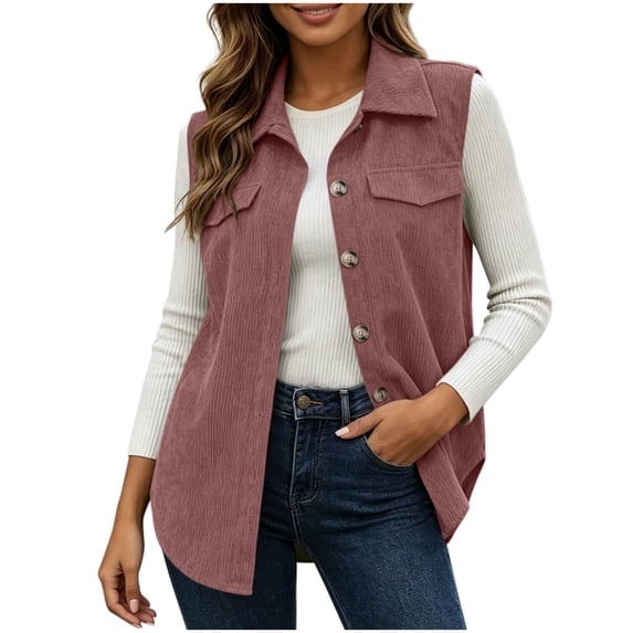 PRINxy Women's Point Collar Sleeveless Mid Length Casual Shirt Vest Jacket With Button Front Chest Pockets Outerwear For Brunch Date Pink M