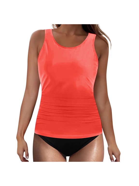 Women's Push Up Padded Bikini Swimsuit Round Neck Solid Color Wireless Modest Two Piece Bathing Suit Set for Women Orange M