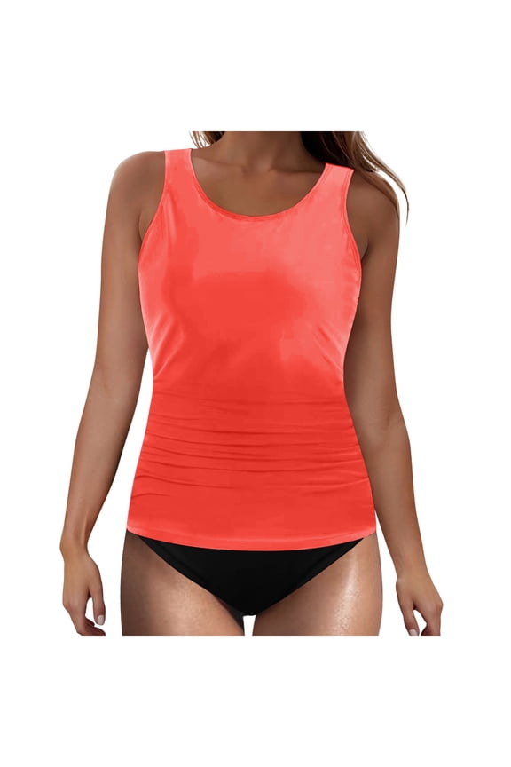 Women's Push Up Padded Bikini Swimsuit Round Neck Solid Color Wireless Modest Two Piece Bathing Suit Set for Women Orange S