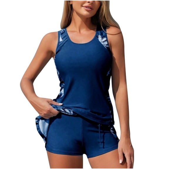 PRINxy Women's Racerback Tankini, Printed Side Panels with Sporty Shorts for Water Sports & Training Blue S