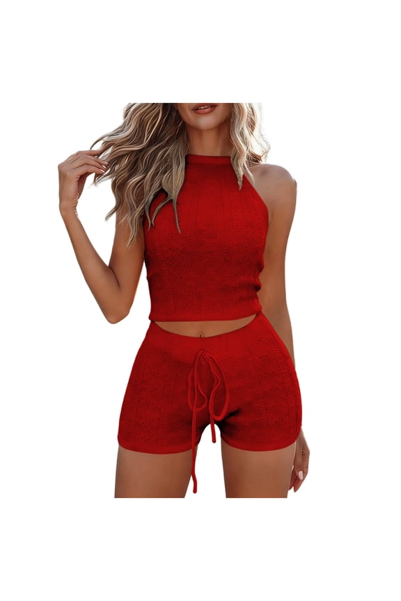 Women's Ribbed 2 Piece Workout Set Halter Neck Crop Top High Waist Drawstring Biker Shorts Seamless Stretchy Yoga Athletic Wear Red L