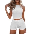 thumbnail image 1 of PRINxy Women's Ribbed 2 Piece Workout Set Halter Neck Crop Top High Waist Drawstring Biker Shorts Seamless Stretchy Yoga Athletic Wear White XL, 1 of 6