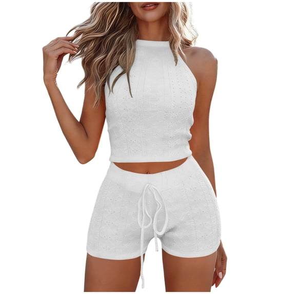 PRINxy Women's Ribbed 2 Piece Workout Set Halter Neck Crop Top High Waist Drawstring Biker Shorts Seamless Stretchy Yoga Athletic Wear White XL