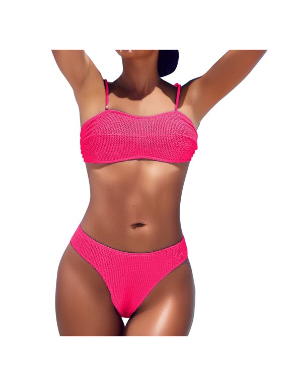 Women's Ribbed Bandeau Bikini Set Spaghetti Strap Top High Waist Bottom Simple Summer Swimwear for Leisure Vacations Hot Pink XXL