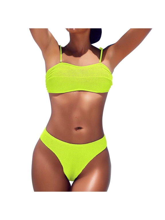 Women's Ribbed Bandeau Bikini Set Spaghetti Strap Top High Waist Bottom Simple Summer Swimwear for Leisure Vacations Yellow S