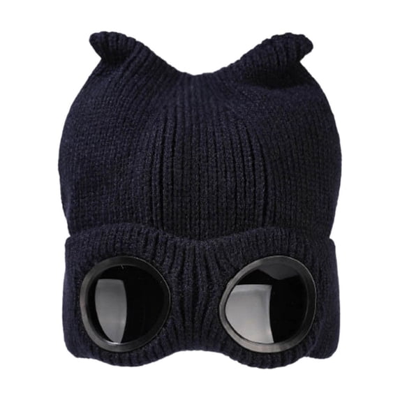 PRINxy Women’s Ribbed Knit Beanie Built-In Cartoon Goggle Panel Cuffed Wind Resistant Warm Headwear for Ski Trips & Outdoor Adventures Black