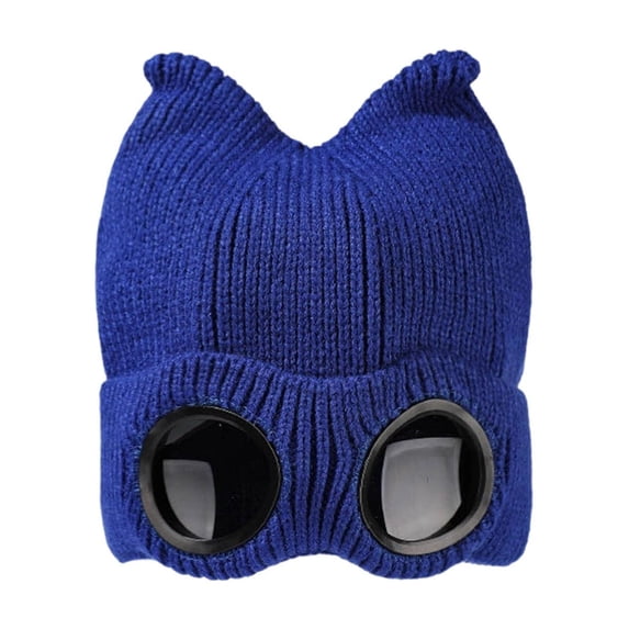 PRINxy Women’s Ribbed Knit Beanie Built-In Cartoon Goggle Panel Cuffed Wind Resistant Warm Headwear for Ski Trips & Outdoor Adventures Blue