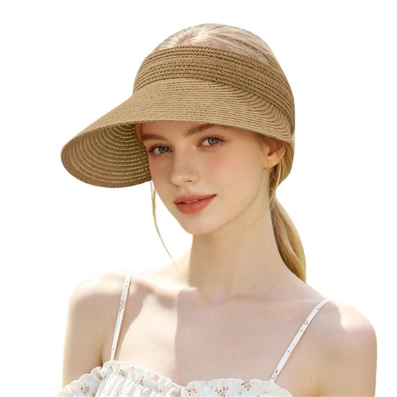 PRINxy Women's Roll-Up Wide Brim Straw Sun Visor Hat, Lightweight Portable UV Protection Hat for Summer Beach Hiking Activities Khaki