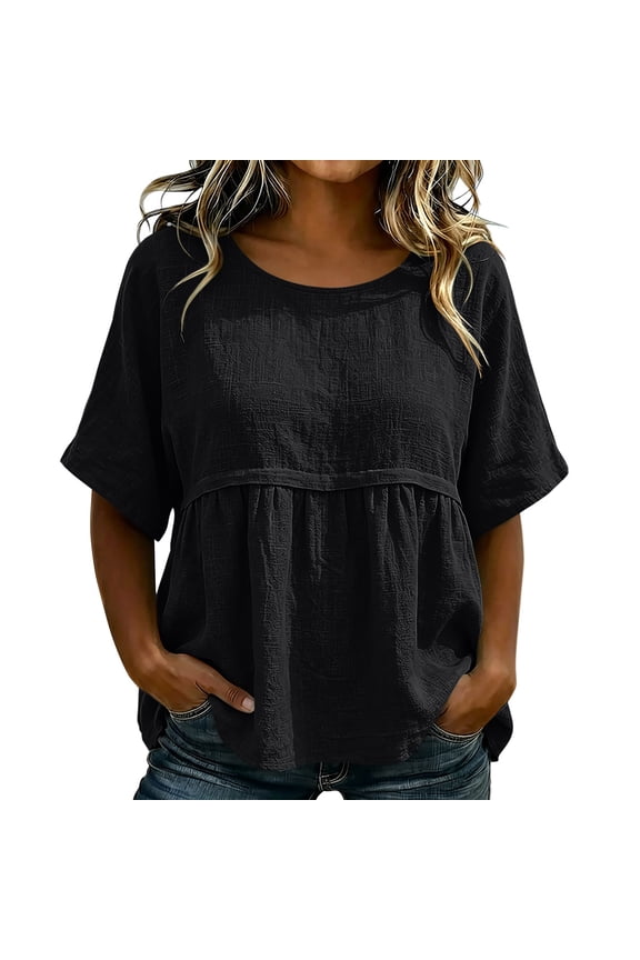 Women's Round Neck Babydoll Short Sleeve Blouse Midnight Tone Solid Crinkled Linen Curved Hem Casual Tee Black L