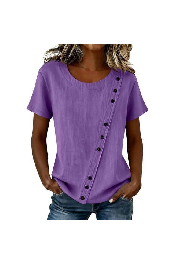 Women's Round Neck Diagonal Button Short Sleeve Blouse Deep Moss Tone Solid Relaxed Fit Linen Summer Casual Tee Purple S