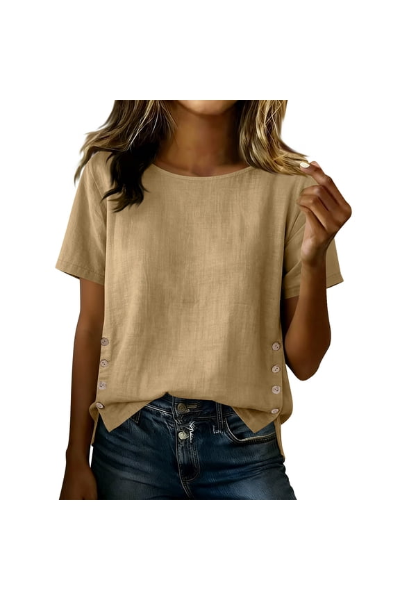 Women's Round Neck Short Sleeve Linen Tunic Warm Khaki Tone Solid Side Button Irregular Hem Casual Summer Blouse Khaki L
