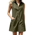 thumbnail image 1 of PRINxy Women's Sleeveless Collared Button Down Dress Cotton Linen Blend Casual Short Dress with Pockets for Summer Daily Wear Army Green L, 1 of 7