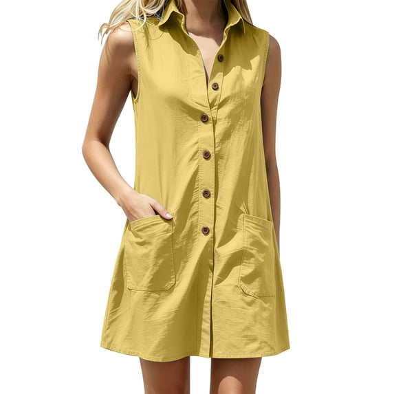 PRINxy Women's Sleeveless Collared Button Down Dress Cotton Linen Blend Casual Short Dress with Pockets for Summer Daily Wear Yellow M