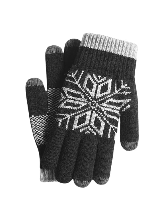 Women’s Snowflake Jacquard Knit Touch Gloves, Contrast Tip Warm Insulated Accessory For Christmas Holiday Winter Outings Black
