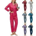 thumbnail image 1 of PRINxy Women's Soft Comfy Satin Pajama Sets Ruffle Hem Long Sleeve Lapel Button Up Shirts with Drawstring Elastic Waist Pants 2 Piece Loungewear Set Pink S, 1 of 9