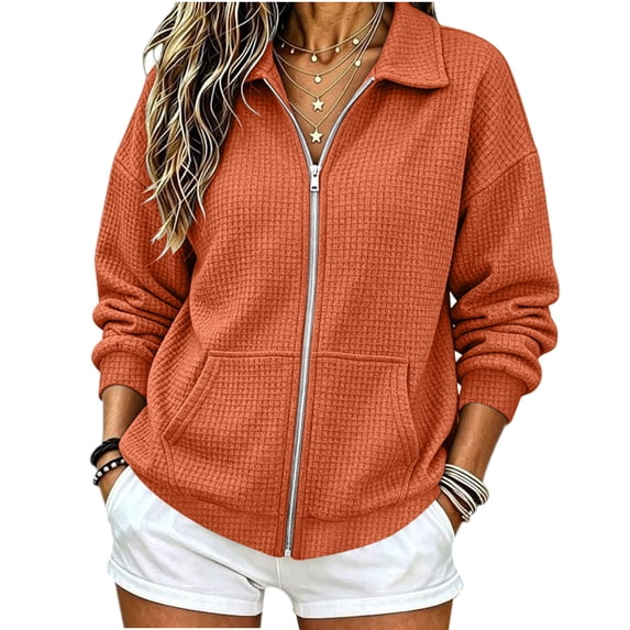PRINxy Women's Soft Waffle Knit Long Sleeve Notch Lapel Full Zip Jacket Coat with Large Pockets for Fall Winter Casual Orange L
