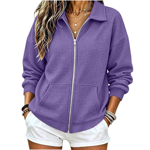 PRINxy Women's Soft Waffle Knit Long Sleeve Notch Lapel Full Zip Jacket Coat with Large Pockets for Fall Winter Casual Purple M