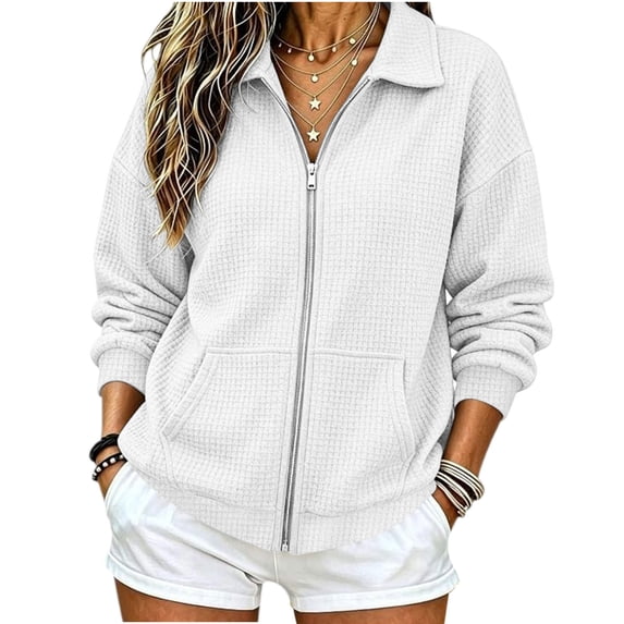 PRINxy Women's Soft Waffle Knit Long Sleeve Notch Lapel Full Zip Jacket Coat with Large Pockets for Fall Winter Casual White L