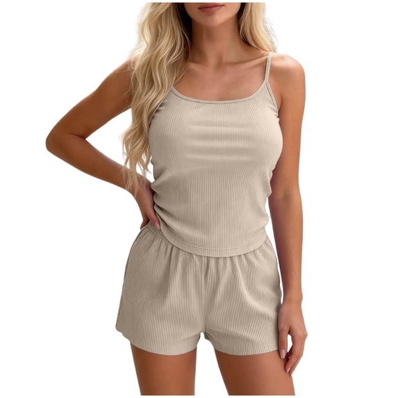 PRINxy Women's Solid Crew Neck Cami Pajama Set Sleeveless Top + Shorts Minimalist Daily Ladies Loungewear Khaki XL