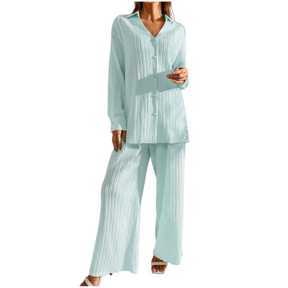 PRINxy Women's Solid Elegant 2 Piece Set Collared Loose Open Front Long Sleeve Top and Relaxed Fit Pants Fashion Lounge Outfit Blue L