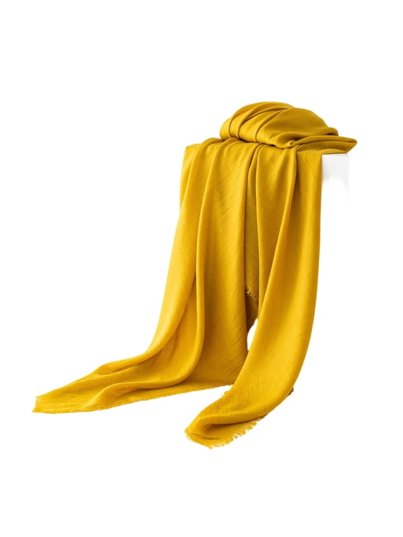 Women’s Solid Fringe Linen Wrap Shawl, Soft Airy Long Neck Scarf For Office Aircon Beach Daily Casual Errands Yellow