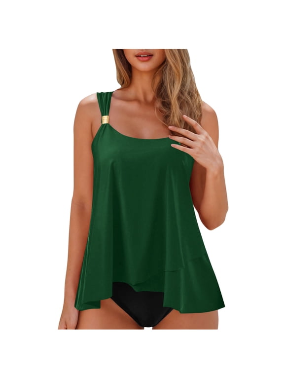 Women's Solid Padded Wireless Backless Strap Bikini Swimsuit Triangle Bottom Modest Two Piece Set Beachwear for Women dark green XXL
