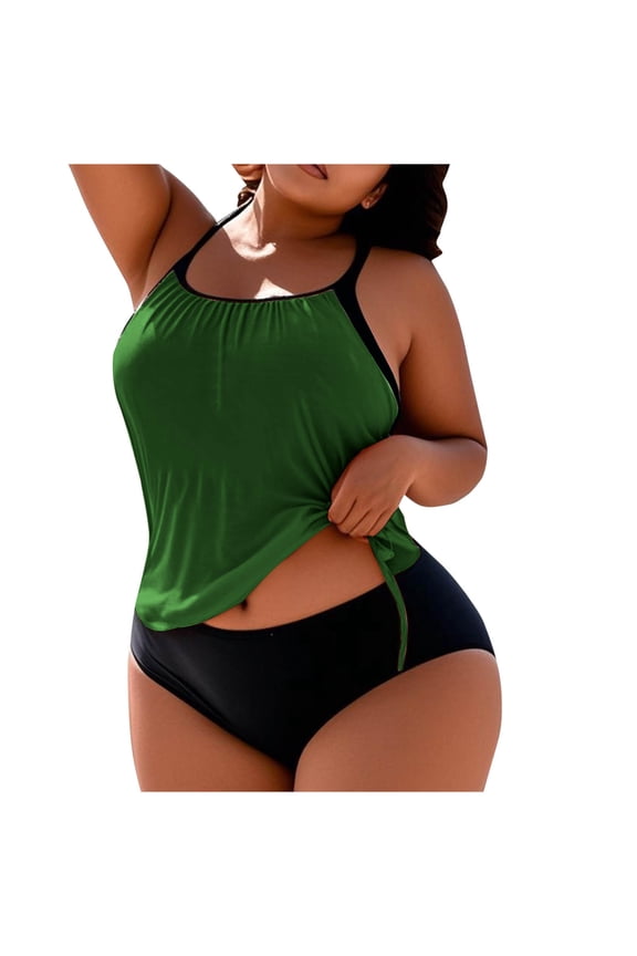 Women's Solid Plus Size Tankini Top Sleeveless Ruched Neckline Loose Fit Swim Top for Curvy Figure Summer Water Wear Green L