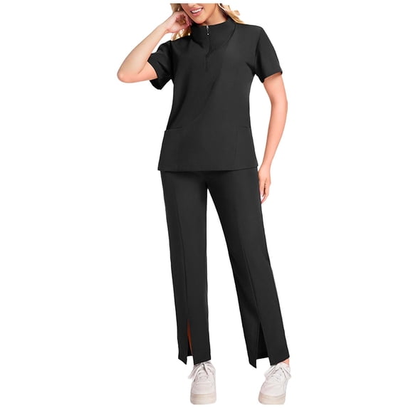 PRINxy Women's Solid Premium Scrub 2 Piece Outfit Short Sleeve V Neck Top and Zipper Drawstring Pocket Pants Medical Staff Uniform Black XXL