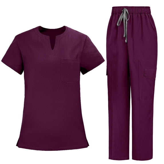 PRINxy Women's Solid Scrub Workwear Set, V-Neck Short Sleeve Top Loose Drawstring Cargo Pants Multi Pockets Healthcare Office Uniform Hot Pink M