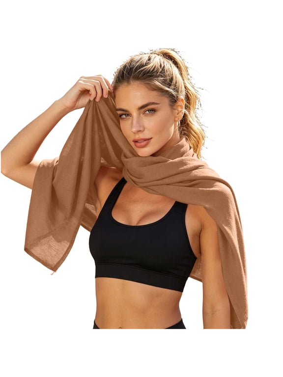 Women’s Solid Thin Textured Linen Wrap Shawl, Soft Airy Long Neck Scarf For Gym Beach Trips Daily Casual Errands Brown