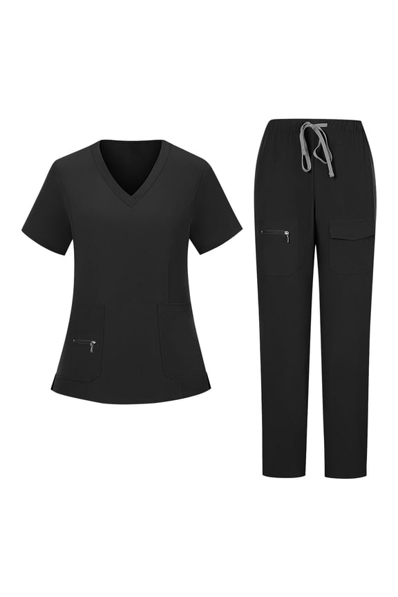 Women's Solid Utility Scrub 2 Piece Set Short Sleeve V Neck Top and Zipper Pocket Drawstring Pants Medical Work Uniform Black M