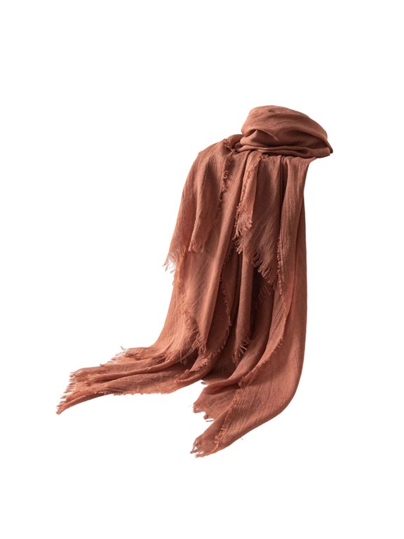 Women’s Solid Wrinkle Fringe Linen Wrap, Breathable Long Neck Shawl For Summer Vacation Brunch Daily Errands Pink