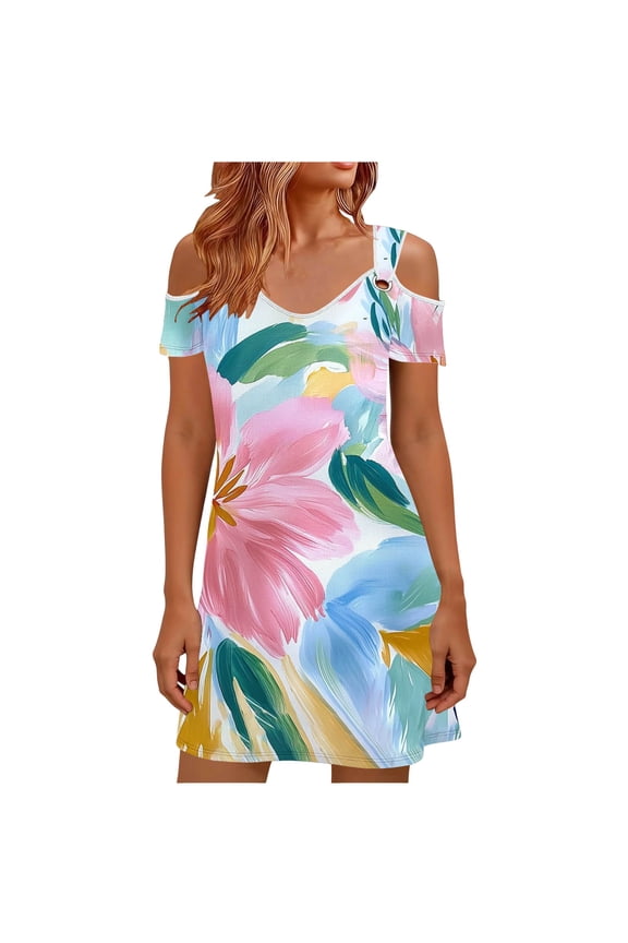 Women's Sophisticated Floral Print Summer Spaghetti Strap V-Neck Beach Sundress for Beach Bonfire and Summer Nights Hot Pink M