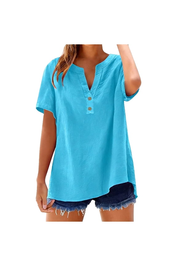 Women's Split Henley Short Sleeve Tunic Midnight Tone Solid Lightweight Linen Loose Curved Hem Summer Top Sky Blue M