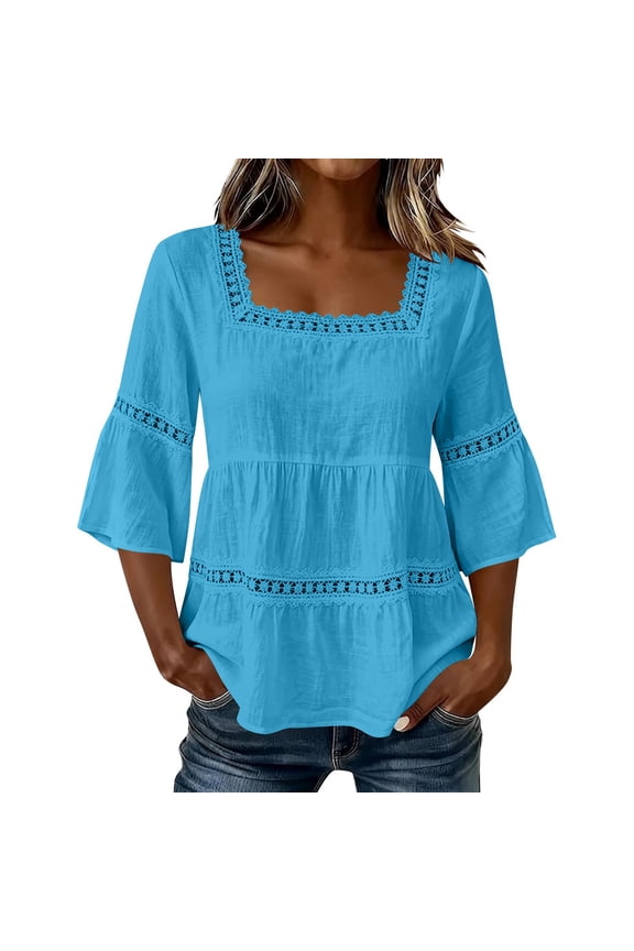 Women's Square Neck Lace Trim 3/4 Sleeve Peplum Blouse Moss Olive Tone Solid Crinkled Summer Casual Top Dark Blue XXL