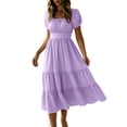 thumbnail image 1 of PRINxy Women's Square Neck Puff Short Sleeve Tiered Midi Dress High Waist A Line Casual Dress for Summer Daily Wear Vacation Purple L, 1 of 6