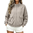 thumbnail image 1 of PRINxy Women's Stand Collar Full Zip Long Sleeve Utility Jacket With Large Patch Pockets Ribbed Hem Outerwear For Weekend Errands Beige XL, 1 of 7
