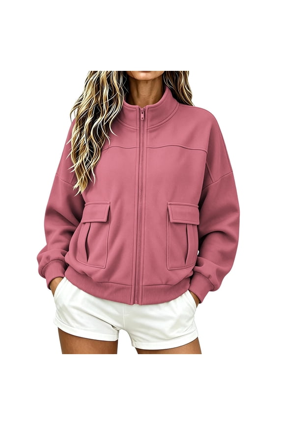 Women's Stand Collar Full Zip Long Sleeve Utility Jacket With Large Patch Pockets Ribbed Hem Outerwear For Weekend Errands Pink L
