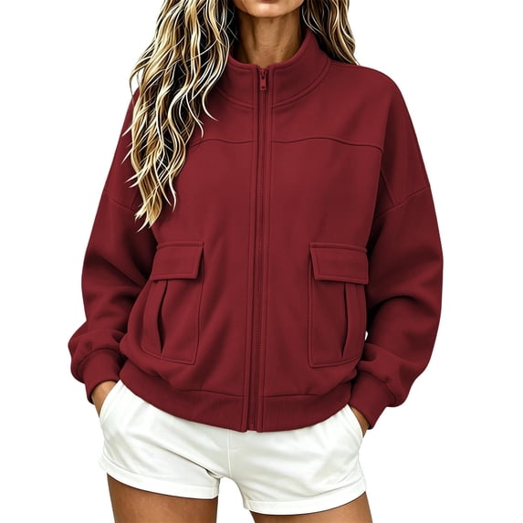 PRINxy Women's Stand Collar Full Zip Long Sleeve Utility Jacket With Large Patch Pockets Ribbed Hem Outerwear For Weekend Errands Wine XL